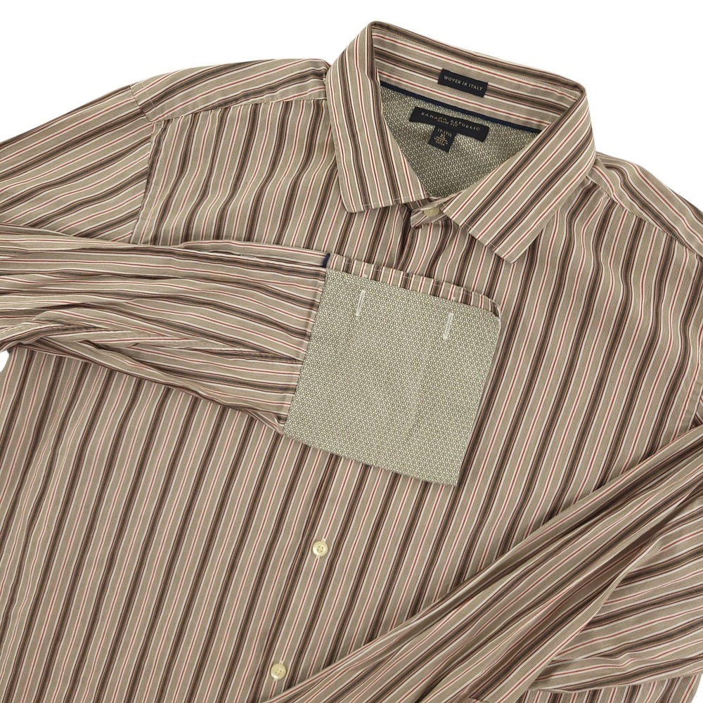 Banana Republic Dress Shirt Mens 17.5 34/35 Brown Stripe Slim Fit Italian Fabric